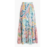 Pleated printed cotton and silk-blend maxi skirt - Blue