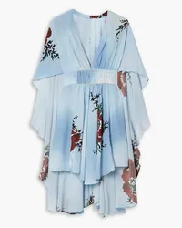 Rodarte Cape-effect crystal-embellished floral-print silk crepe de chine mini dress - Blue Blue