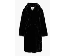 Double-breasted faux fur hooded coat - Black