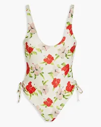 Ganni Tie-detailed floral-print swimsuit - Neutral Neutral