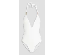Naples chain-embellished stretch-jacquard halterneck swimsuit - White