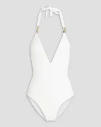 Melissa Odabash Naples chain-embellished stretch-jacquard halterneck swimsuit - White White