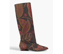 Embellished floral-print faux leather boots - Brown