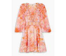 Embellished printed silk crepe de chine mini dress - Orange