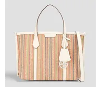 Perry small leather-trimmed striped jute tote - White