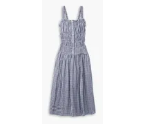 Ruched gingham cotton-twill midi dress - Blue