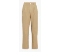 Pleated cotton and linen-blend straight-leg pants - Neutral