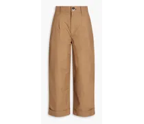Cropped pleated cotton and linen-blend straight-leg pants - Brown