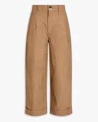 Ganni Cropped pleated cotton and linen-blend straight-leg pants - Brown Brown