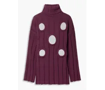 Embellished ribbed cotton-blend turtleneck sweater - Purple
