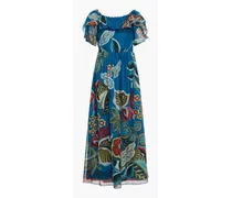 Ruffled printed cotton and silk-blend jacquard midi dress - Blue