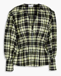 Ganni Checked cotton-blend seersucker blouse - Black Black