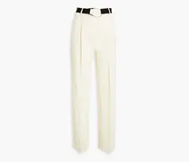 Belted pleated hammered cotton-blend straight-leg pants - Neutral