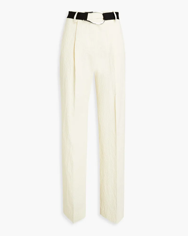 Victoria Beckham Belted pleated hammered cotton-blend straight-leg pants - Neutral Neutral