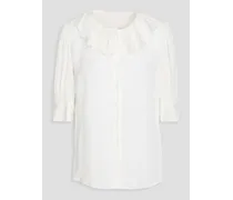 Lace-trimmed ruffled crepe de chine blouse - White