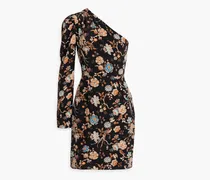 One-shoulder gathered floral-print silk crepe de chine mini dress - Black