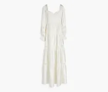 Lace-trimmed shirred hammered-satin maxi dress - White