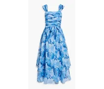 Ruched tiered floral-print organza midi dress - Blue
