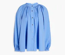 Gathered crinkled cotton-blend poplin blouse - Blue