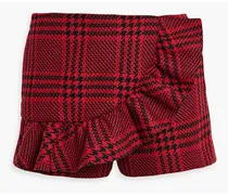 Skirt-effect ruffled checked wool-blend tweed shorts - Red
