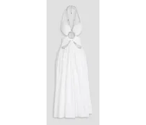 Ruched embellished cotton-poplin midi dress - White