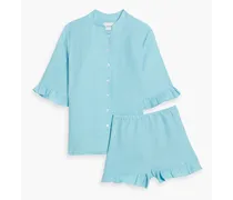 Ruffled linen pajama set - Blue