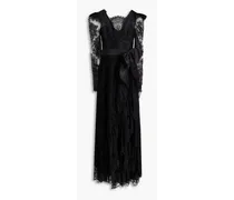 Bow-detailed ruffled cotton-blend Chantilly lace gown - Black