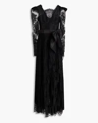 Zuhair Murad Bow-detailed ruffled cotton-blend Chantilly lace gown - Black Black