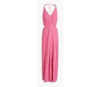 Ruched gingham stretch-seersucker maxi dress - Pink