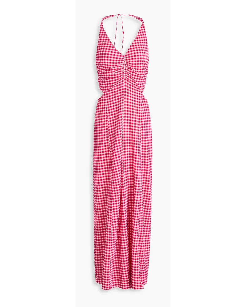 Ganni Ruched gingham stretch-seersucker maxi dress - Pink Pink