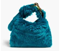 Chain-embellished faux fur shoulder bag - Blue