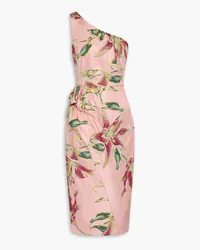 Marchesa One-shoulder draped floral-jacquard midi dress - Pink Pink