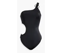 One-shoulder cutout ring-embellished swimsuit - Black