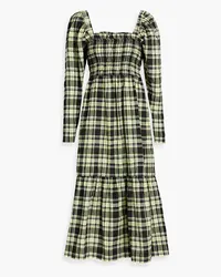 Ganni Shirred checked cotton-blend seersucker midi dress - Yellow Yellow