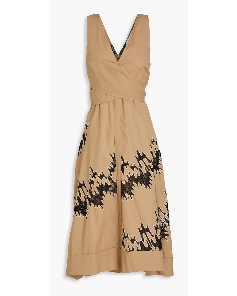 3.1 phillip lim Wrap-effect lace-trimmed cotton midi dress - Neutral Neutral