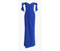 Off-the-shoulder bow-embellished crepe gown - Blue
