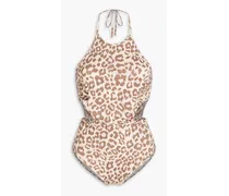 Cutout leopard-print halterneck swimsuit - Animal print