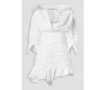 Asymmetric ruched cotton-poplin mini shirt dress - White