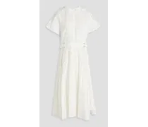 Belted lace-paneled poplin midi dress - White