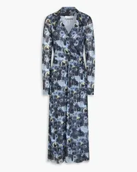 Ganni Floral-print mesh midi wrap dress - Blue Blue