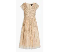 Gathered embellished tulle midi dress - Neutral