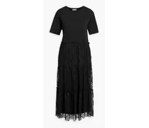 Lace-paneled tiered cotton-jersey midi dress - Black