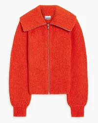 Ganni Brushed ribbed-knit zip-up sweater - Red Red