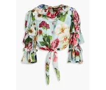 Cropped ruffled floral-print silk-crepe de chine top - Blue