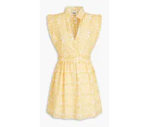Russet wrap-effect broderie anglaise cotton mini dress - Yellow