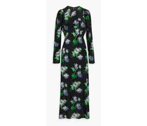 Pleated floral-print silk crepe de chine maxi dress - Black