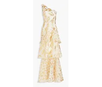 One-shoulder tiered brocade gown - White
