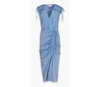 Teagan ruched striped poplin midi dress - Blue