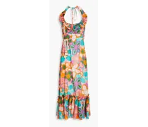 Ruffled floral-print cotton midi halterneck dress - Multicolor