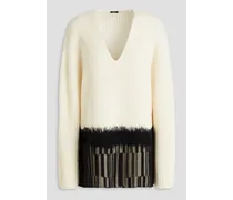 Lace-paneled ribbed wool sweater - White